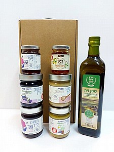 בקבוק שמן ושש צנצנות בקופסה בקבוק שמן ושש צנצנות בקופסה