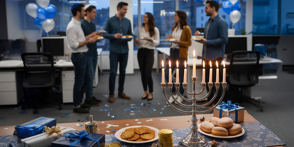עובדים חוגגים חנוכה במשרד עם מתנות לחנוכה