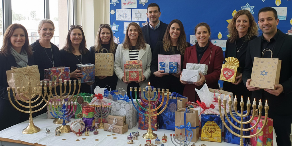 עובדים מחזיקים מתנות ממותגות לחנוכה