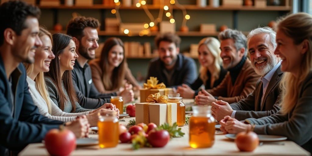 עובדים יושבים סביב השולחן עם מתנות לראש השנה